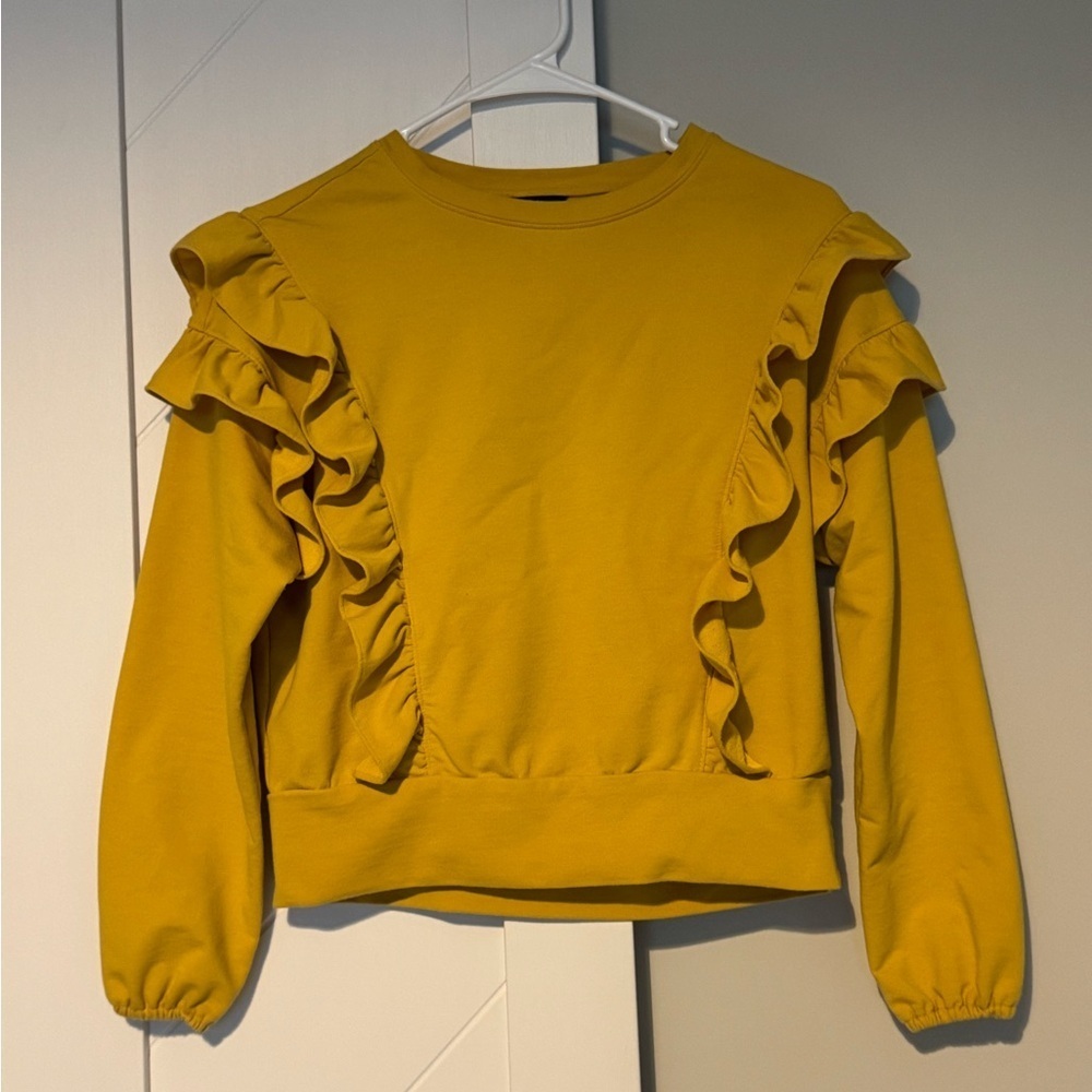 Ann Taylor Petite Mustard Ruffle Sweatshirt XSP Yellow Long Sleeve Top - Picture 4 of 7